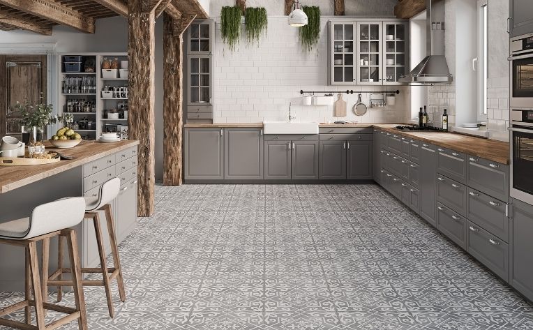 gray tile flooring large kitchen